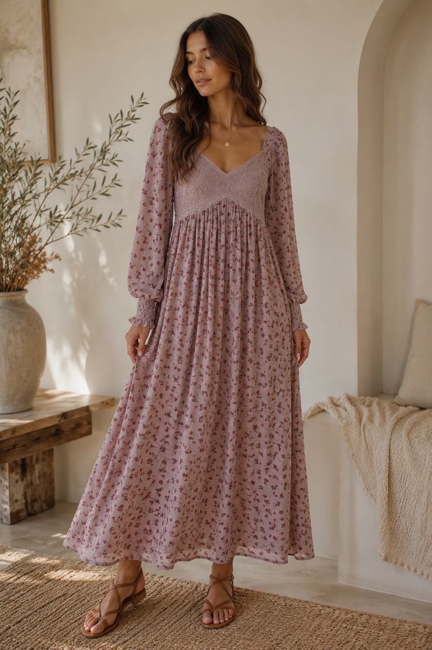 In Loom Dusty Rose Floral Sweetheart Midi/Maxi Dress – Size M